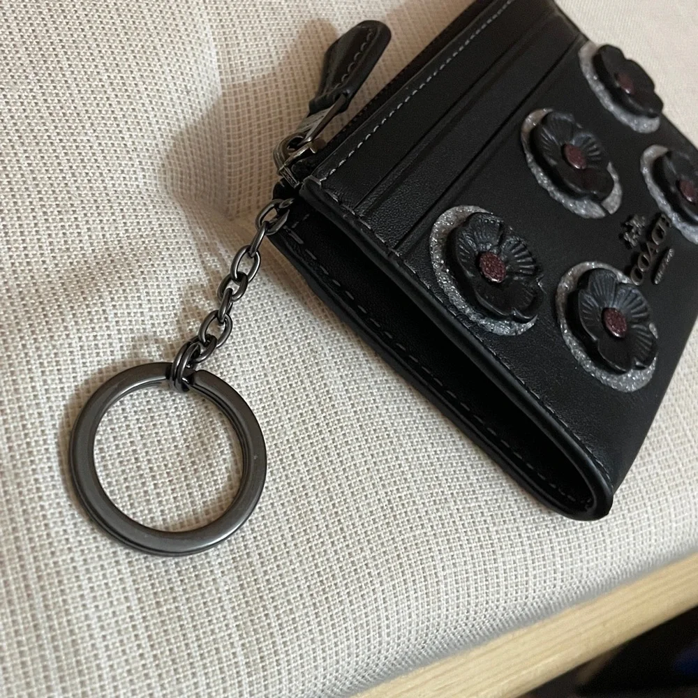 Coach Mini Skinny Id Case With Floral Applique Gunmetal/Black NWT - Picture 13 of 15
